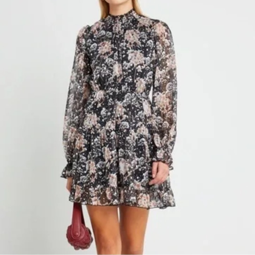 NWT O.P.T Women’s Black Floral Ruffle Long Sleeve shimmery Party Dress Size XL